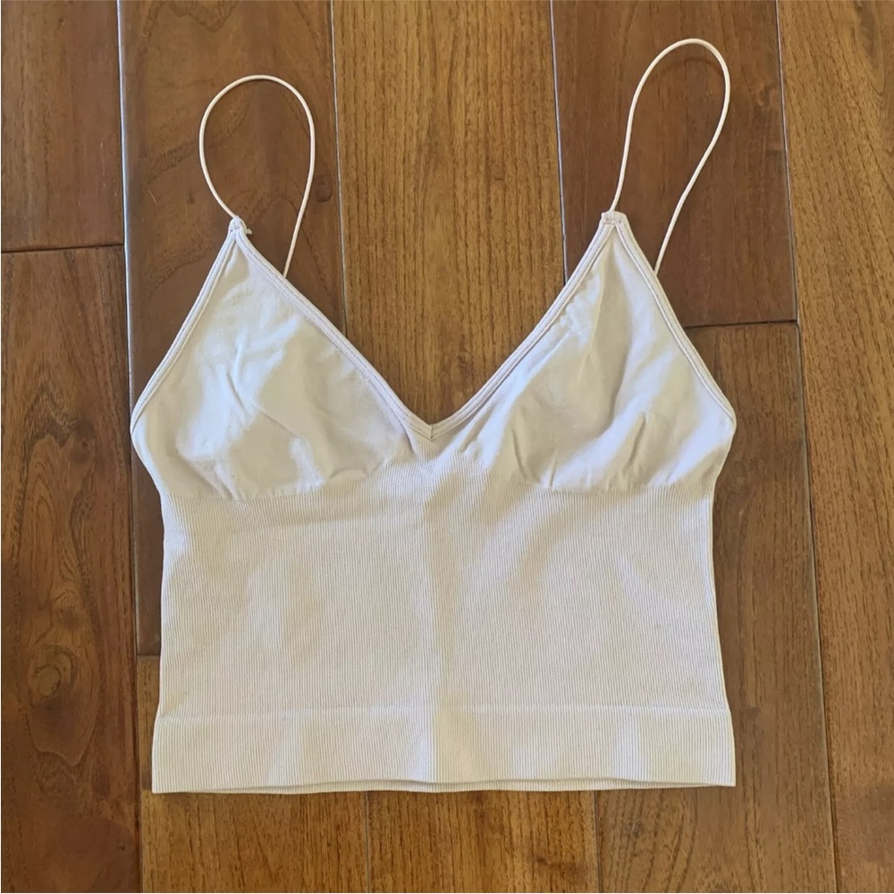 Free People Intimately Brami Crop Top M/L Nude Ribbed V-neck Skinny Strap Cami - Picture 3 of 10